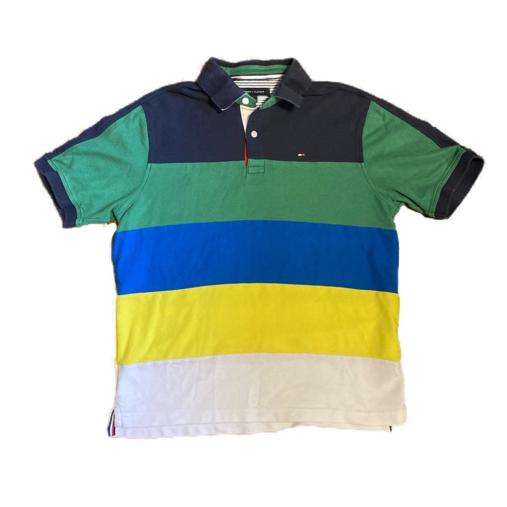 Tommy Hilfiger Polo T-Shirt Blue Green Yellow White stripes